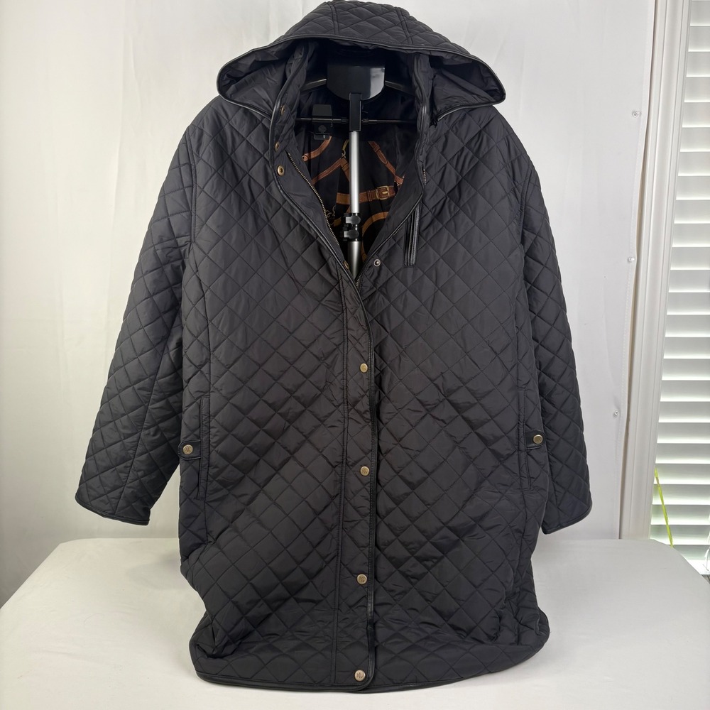 Lauren Ralph Lauren Black Quilted Removable Hood Barn Coat Equestrian Lining 3X